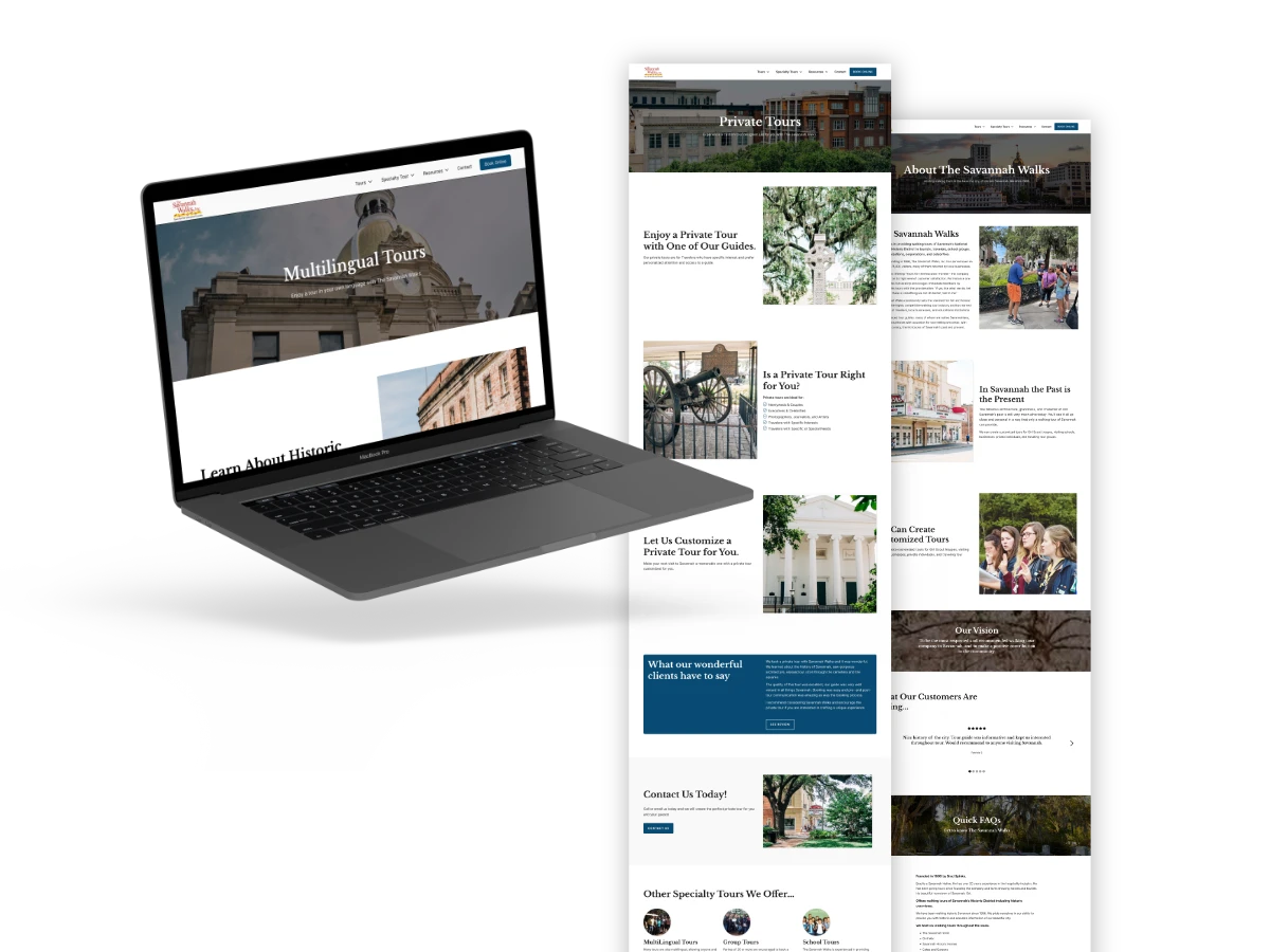 Laptop showing the Savannah Walks Multilingual Tours page beside full-page layouts of the Private Tours and About The Savannah Walks pages