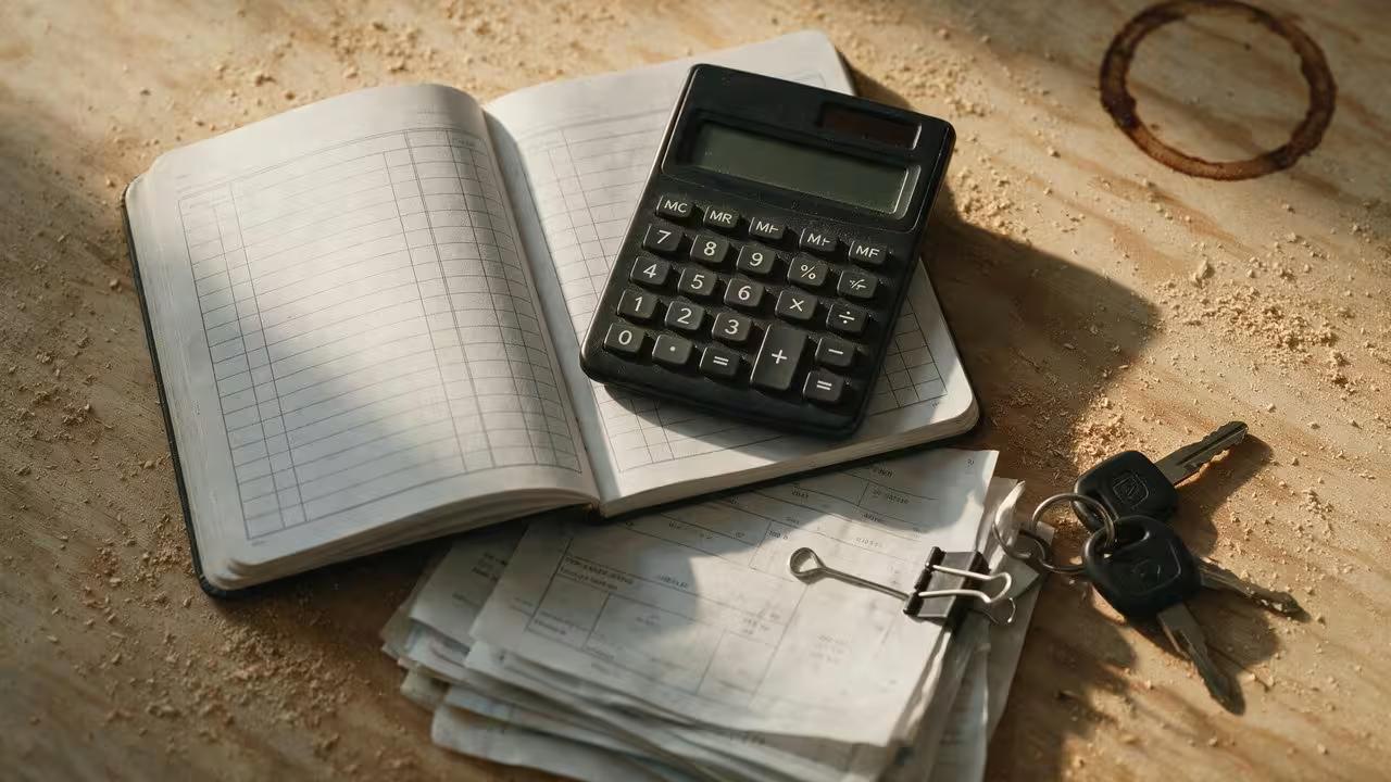 A ledger notebook, calculator, stack of paid invoices and truck keys on a workbench, representing a home services marketing budget tracked by hand.