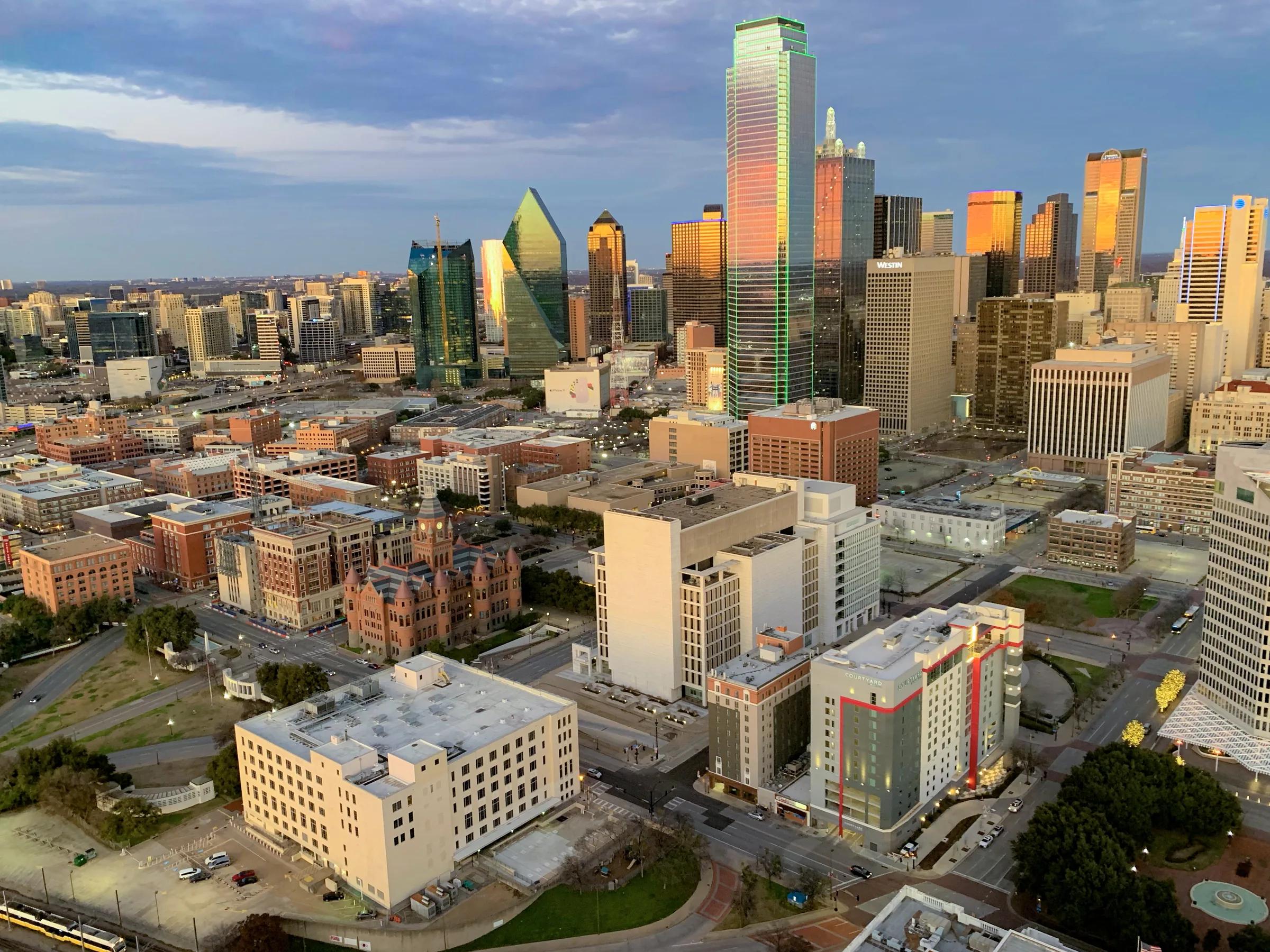 An aerial view of Downtown Dallas in daylight