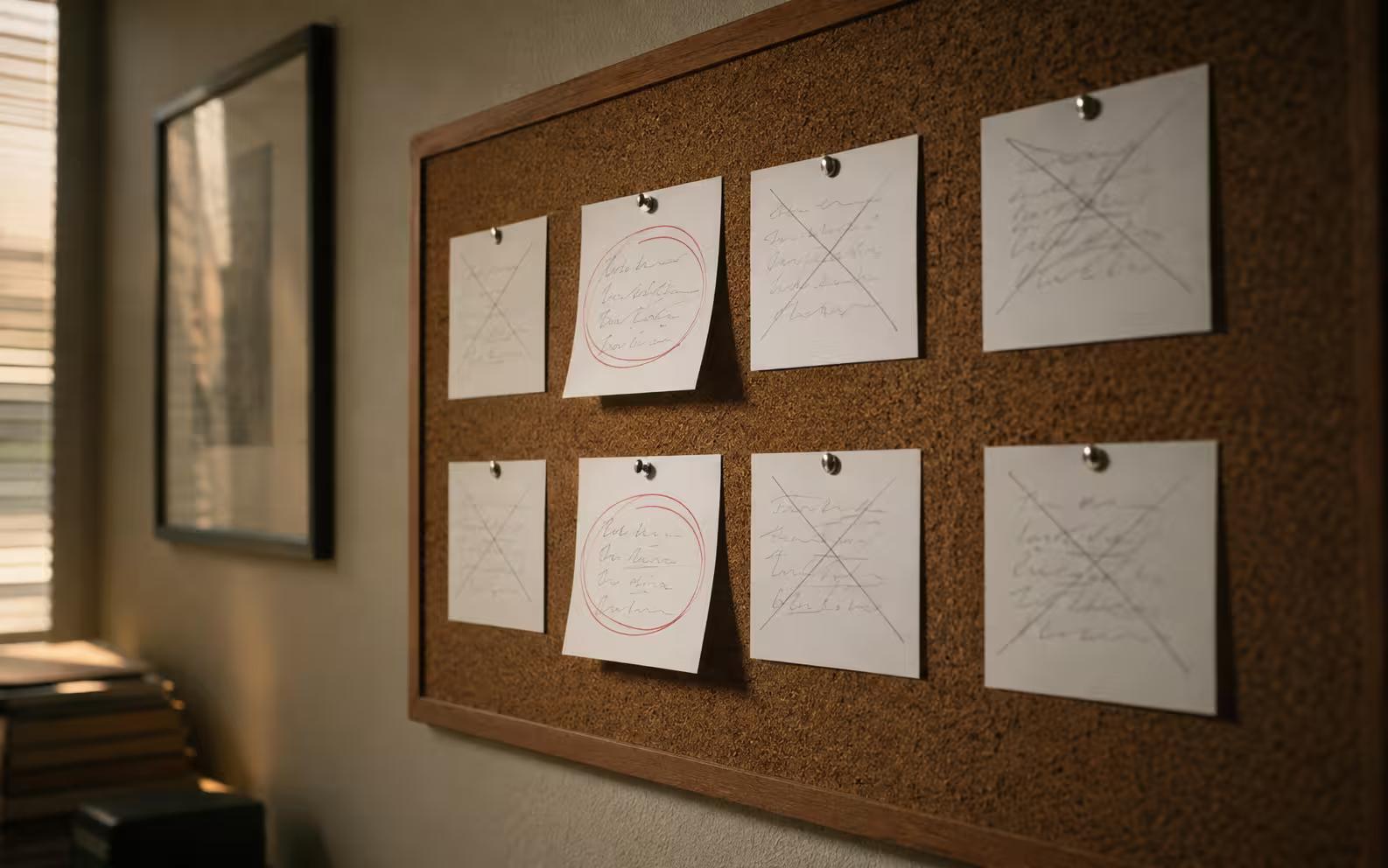 Eight index cards pinned to a cork board with two circled in red and the other six crossed out.