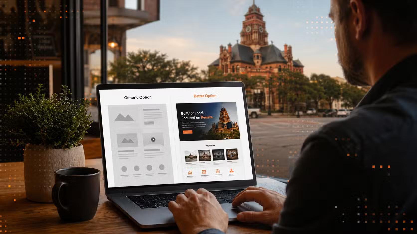 Business owner comparing web designer portfolios on a laptop near the Waxahachie courthouse square