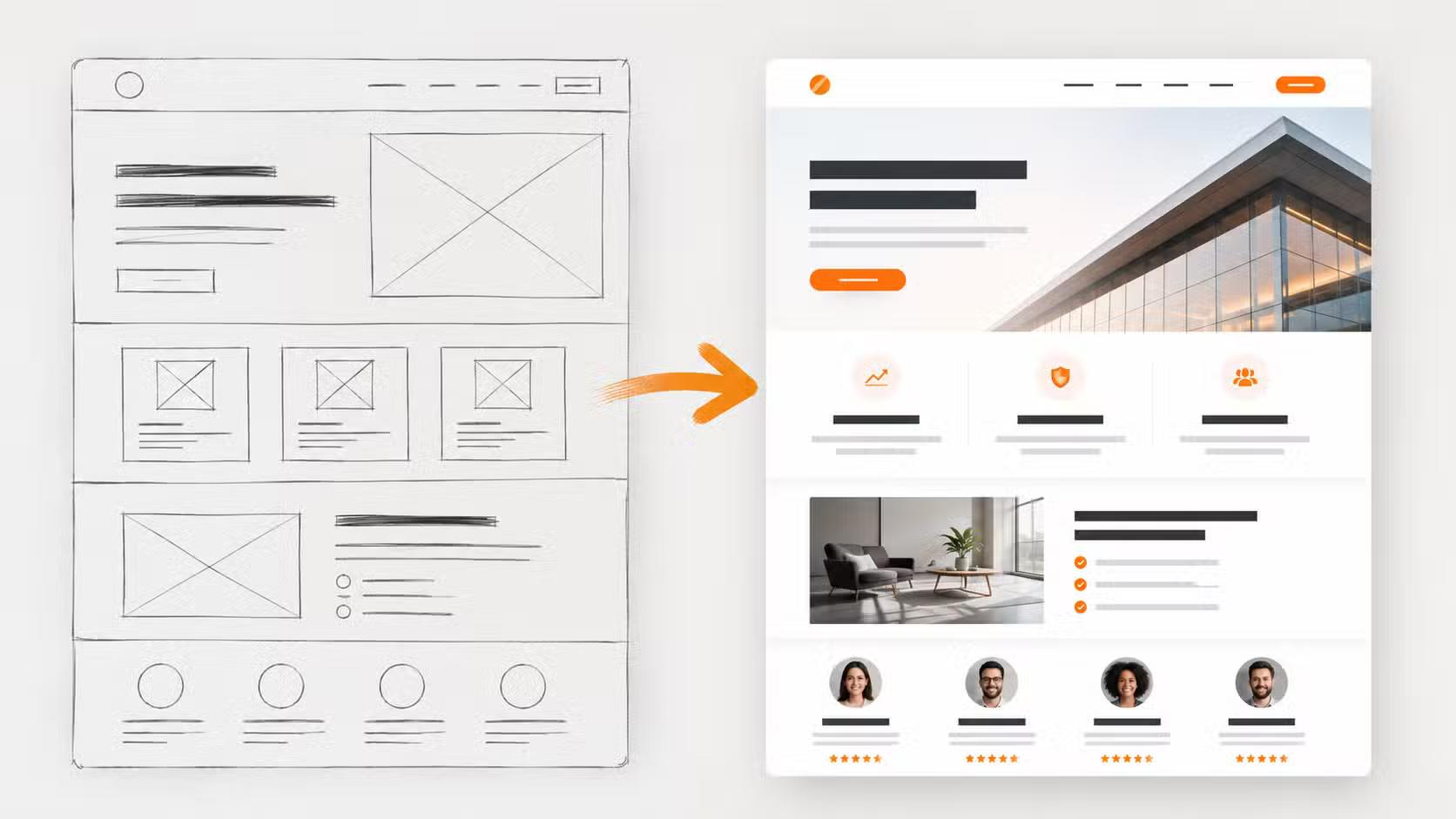 A split-screen mockup. On the left, a rough wireframe with blank headline lines standing in for the message. On the right, a polished website design. An arrow runs from the wireframe to the design, showing that the message gets decided before the build.