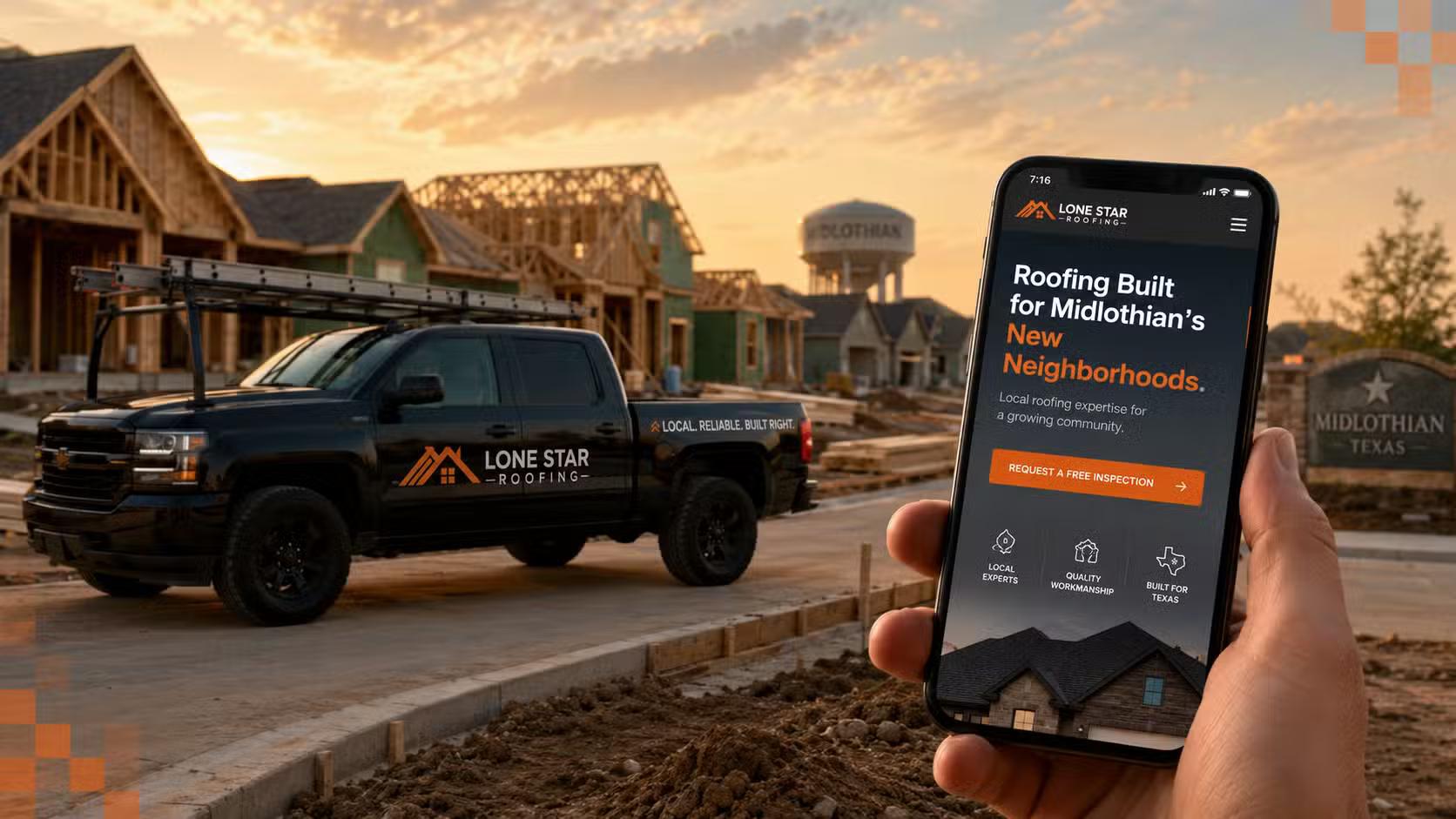 Contractor's truck in front of new Midlothian home construction with a website visible on a phone screen