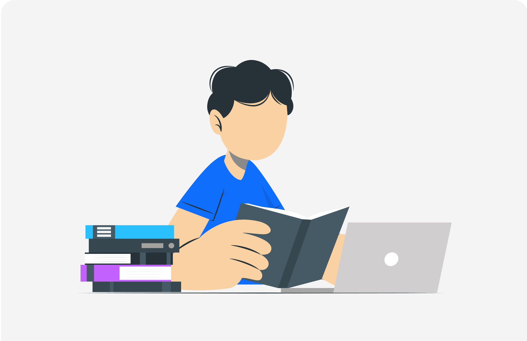 illustration of person learning with books and computer to become an expert in industry