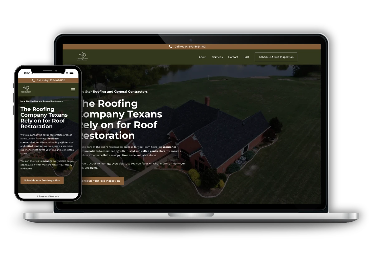 MacBook and iPhone mockups showing the Lone Star Roofing homepage hero, The Roofing Company Texans Rely on for Roof Restoration, over an aerial photo of a brick home