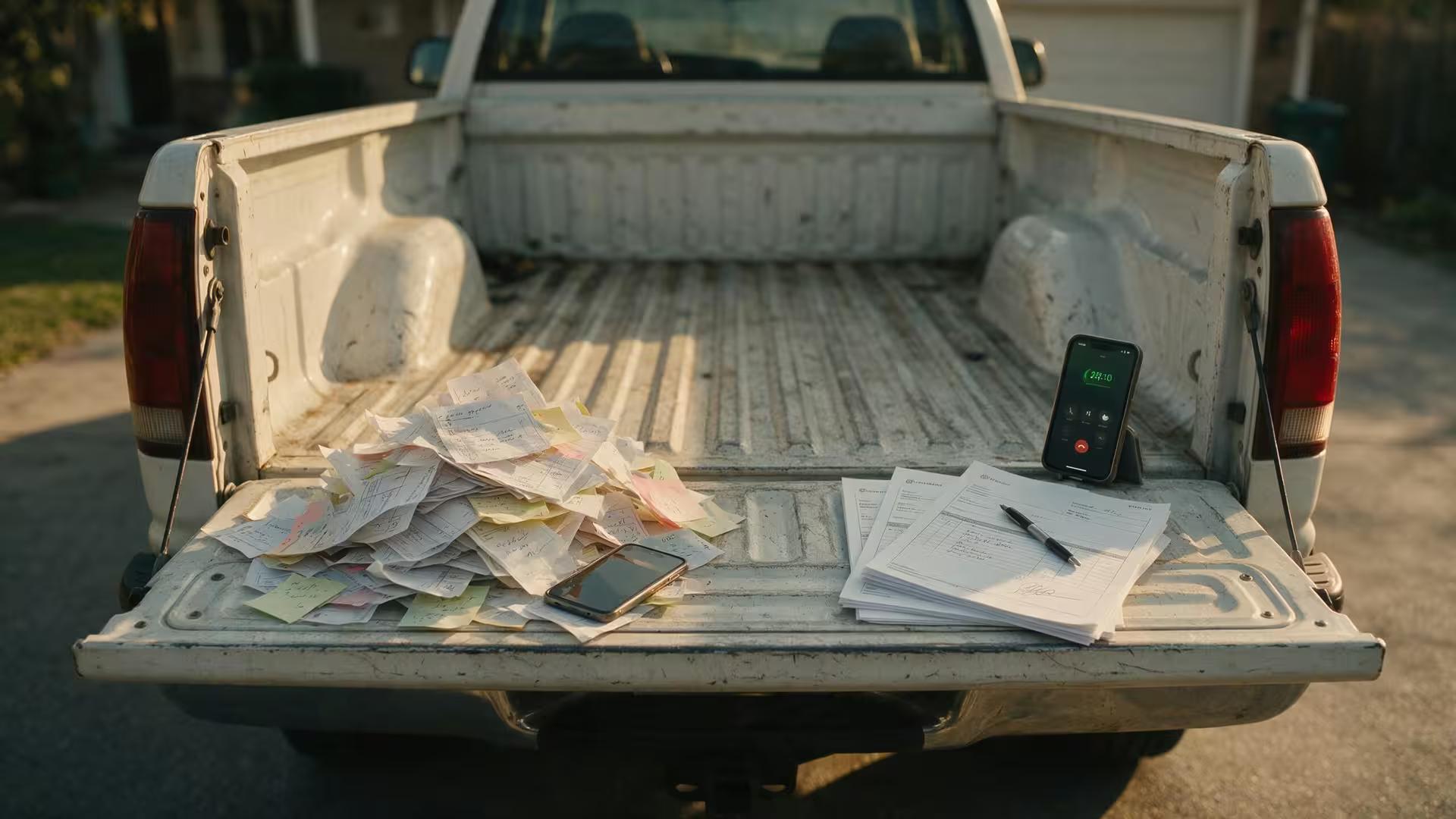 Work truck tailgate with a messy pile of unanswered lead slips on one side and a neat stack of signed job tickets on the other, showing the gap between generating leads and booking home services jobs.