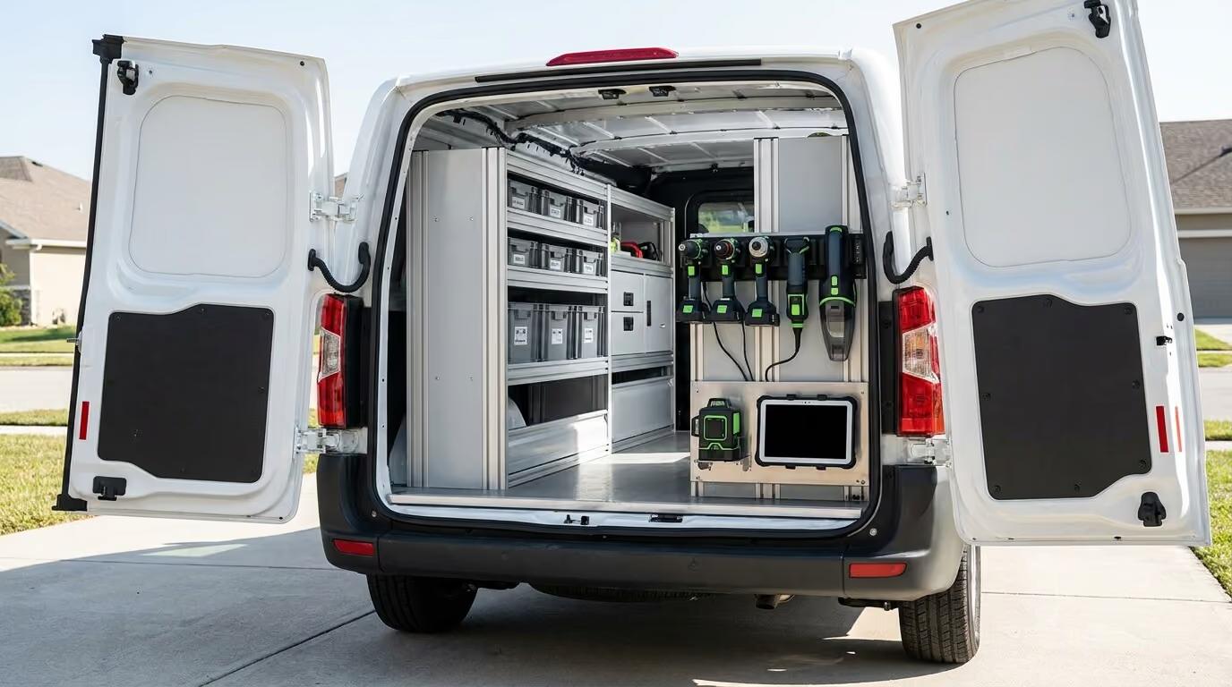 Organized modern service van upfit with shelving, parts bins, cordless power tools, a laser level, and a mounted tablet, showing the right tool for each job.
