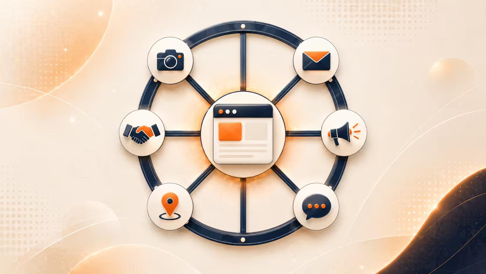 Wagon wheel diagram with a website browser window as the hub and six marketing channels as spokes: social, email, ads, AI search, local listings, and referrals.