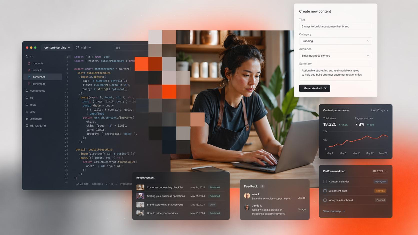 Business owner comparing Webflow agencies at a desk with graphic around.