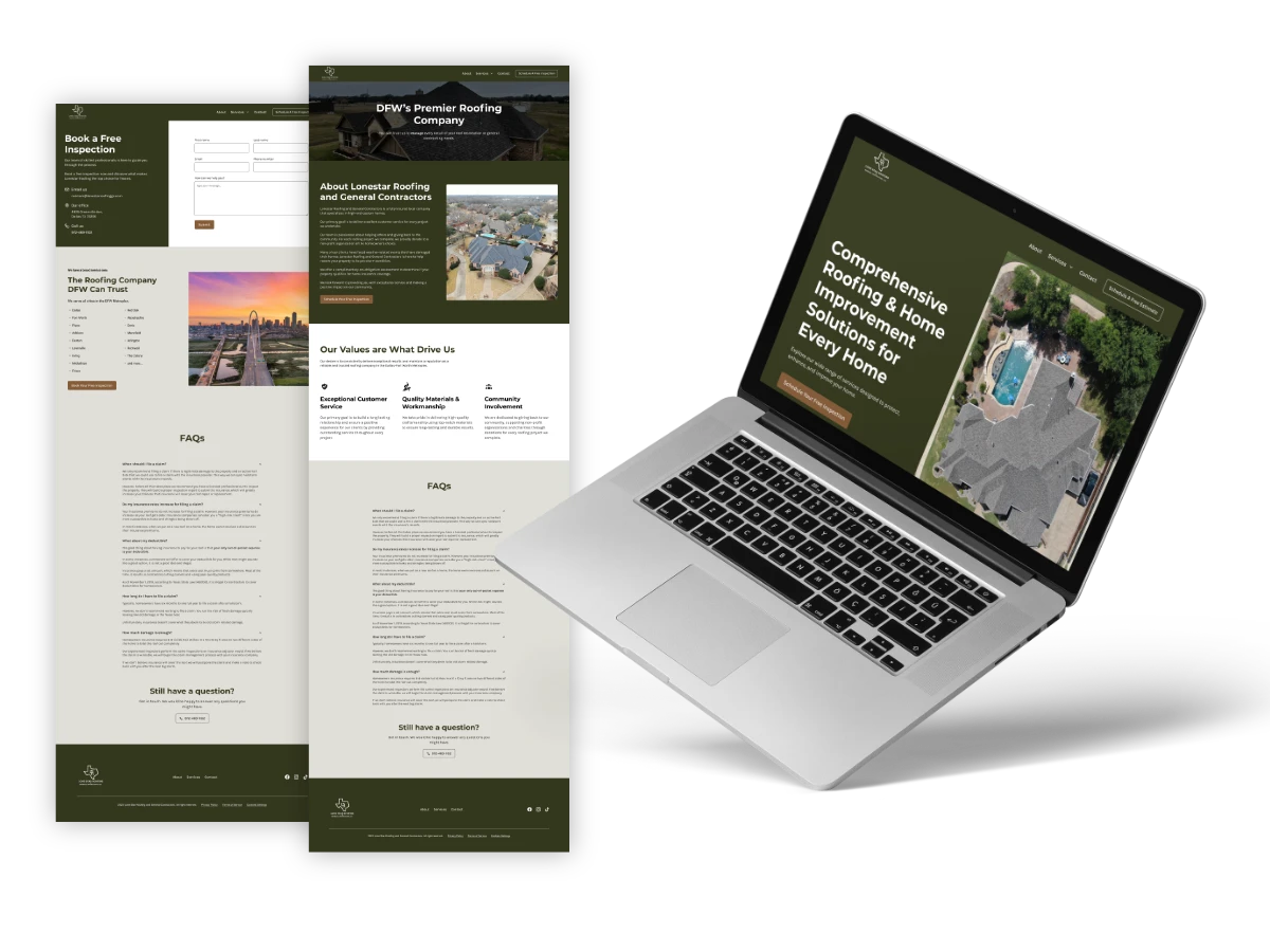 Lone Star Roofing website pages including Book a Free Inspection, About, Our Values, and FAQs, beside a laptop showing the Comprehensive Roofing and Home Improvement Solutions hero