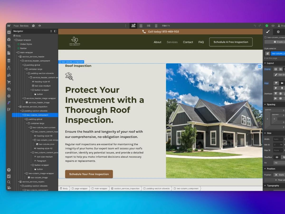 Webflow Designer editing the Lone Star Roofing services page, Protect Your Investment with a Thorough Roof Inspection, with the navigator panel open