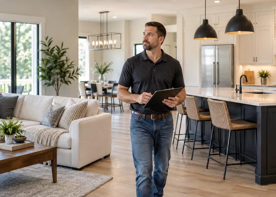A remodeling contractor walking through a finished open-plan kitchen and living room, holding a tablet.