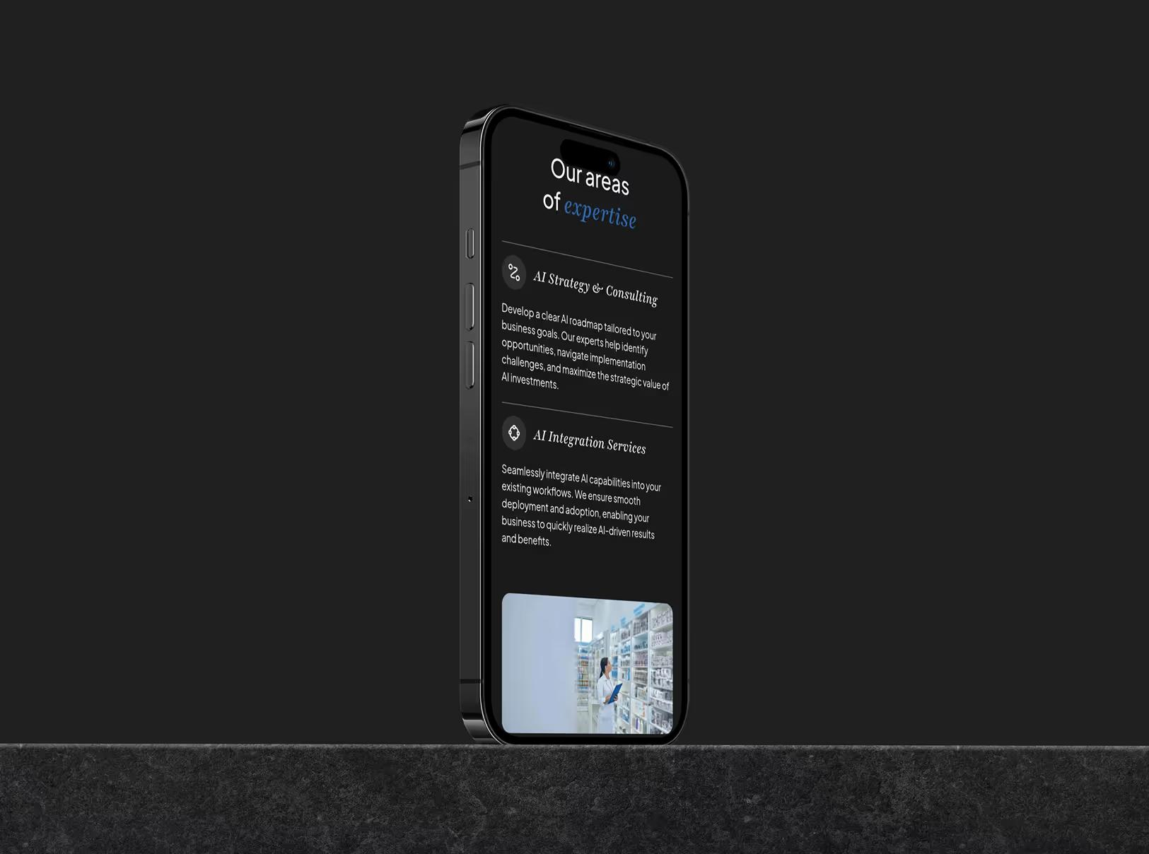 iPhone mockup showing the Leverture areas of expertise section featuring AI Strategy and Consulting and AI Integration Services on dark background