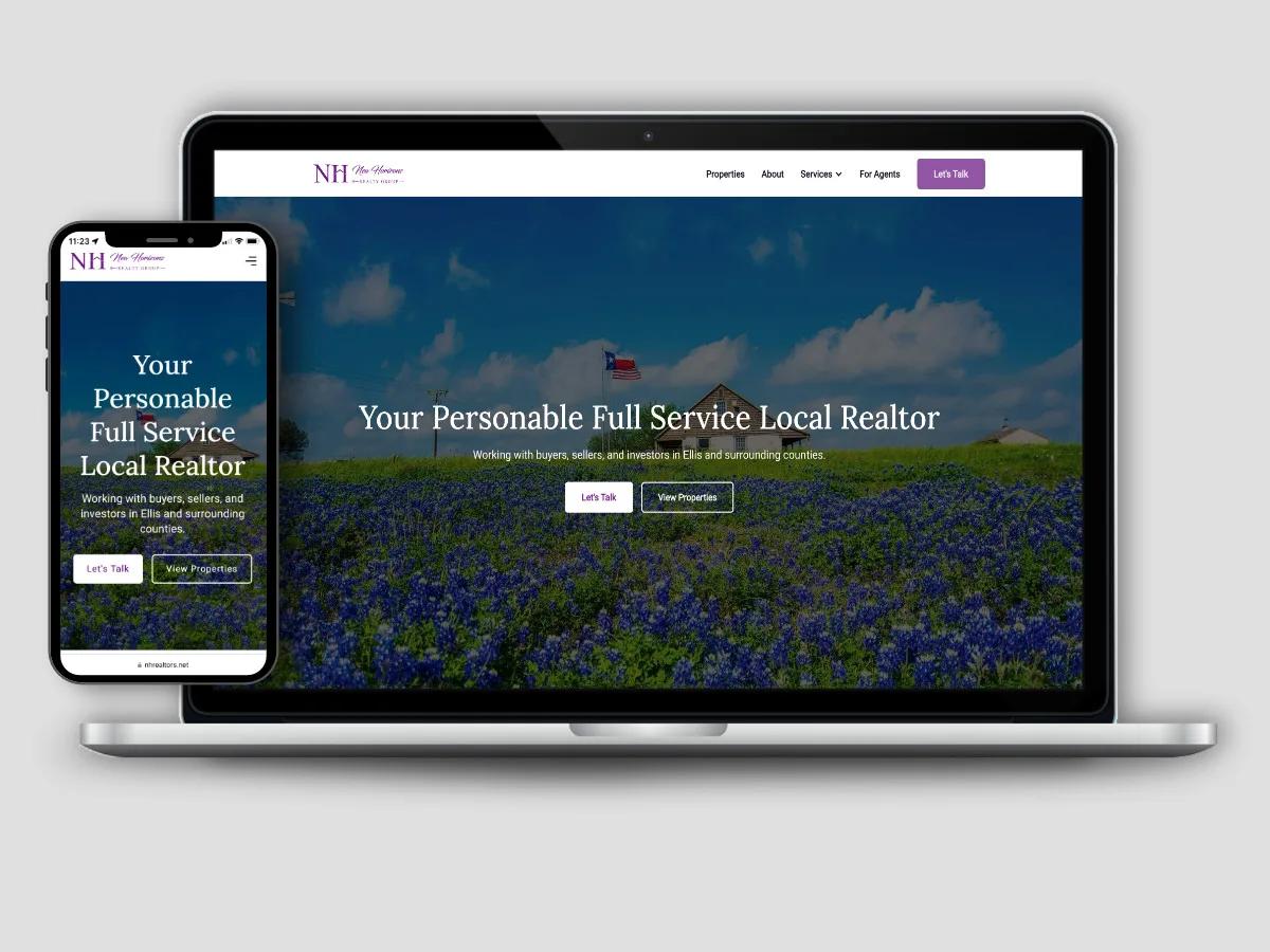 Laptop and phone mockups of the New Horizons Realty Group homepage hero, Your Personable Full Service Local Realtor, over a Texas bluebonnet field with a farmhouse and Texas flag