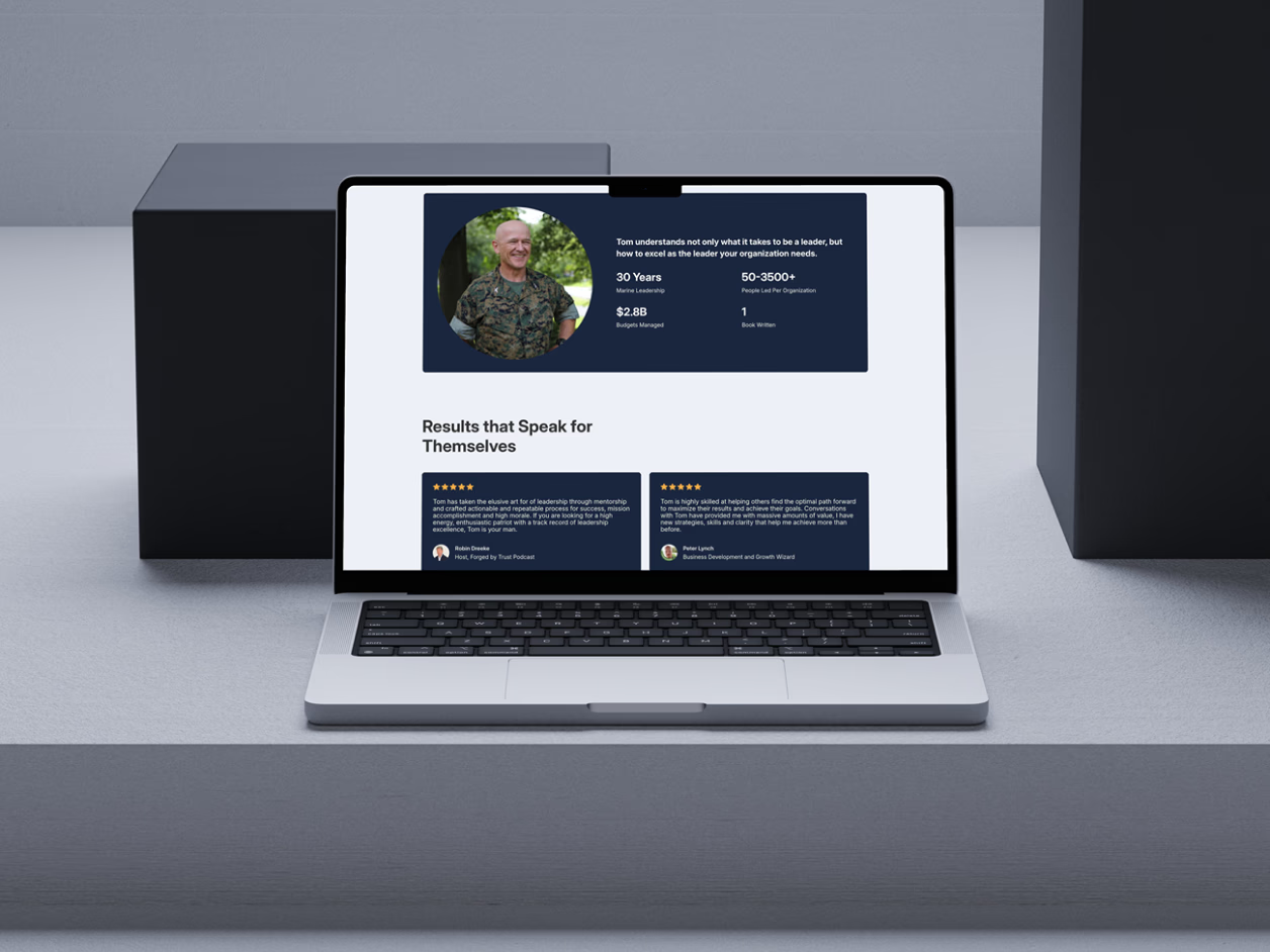 MacBook displaying Connally Consulting About page with Tom Connally in military uniform, leadership stats showing 30 Years, 50-3500+ personnel, $2.8B budget, and client testimonials