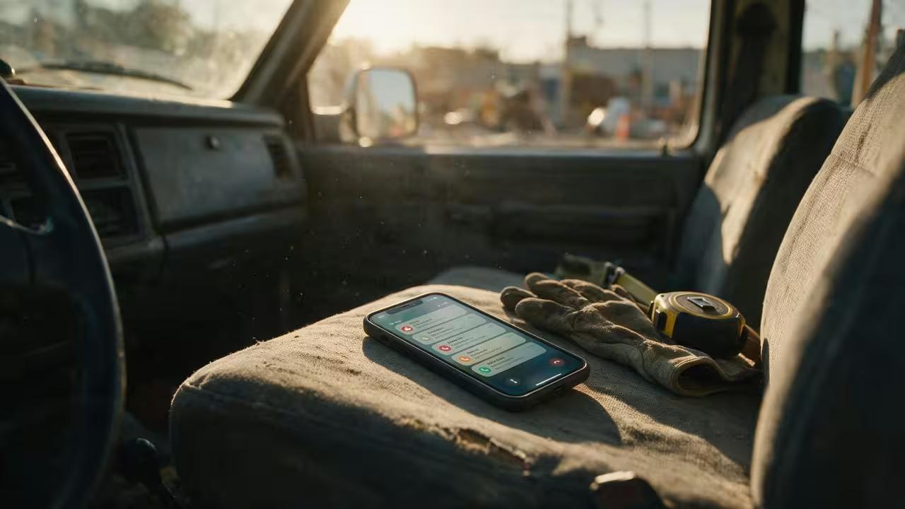 A smartphone lying on the seat of a parked work truck, screen full of unread notifications and a missed call, illustrating home service leads that arrive and sit unanswered.
