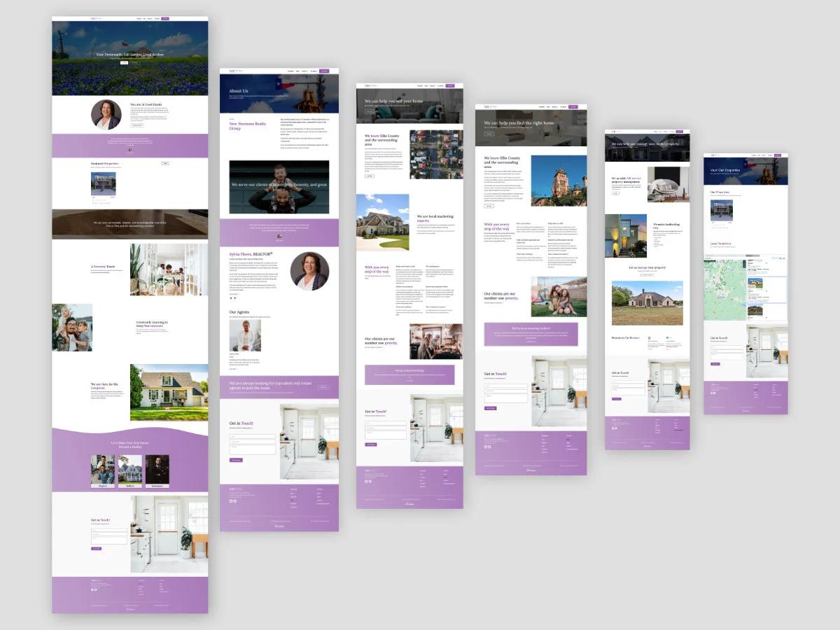Six full-page layouts from the New Horizons Realty Group website: homepage, About, Home Seller, Home Buyer, Property Management, and Properties