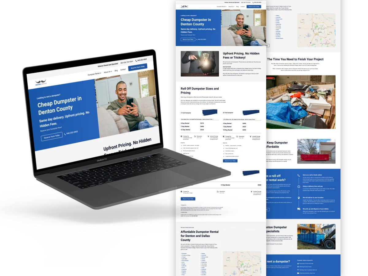 Laptop and full-page mockups of the Wise Guys Dumpsters homepage with the Cheap Dumpster in Denton County hero, upfront pricing section, and roll off dumpster sizes and pricing table