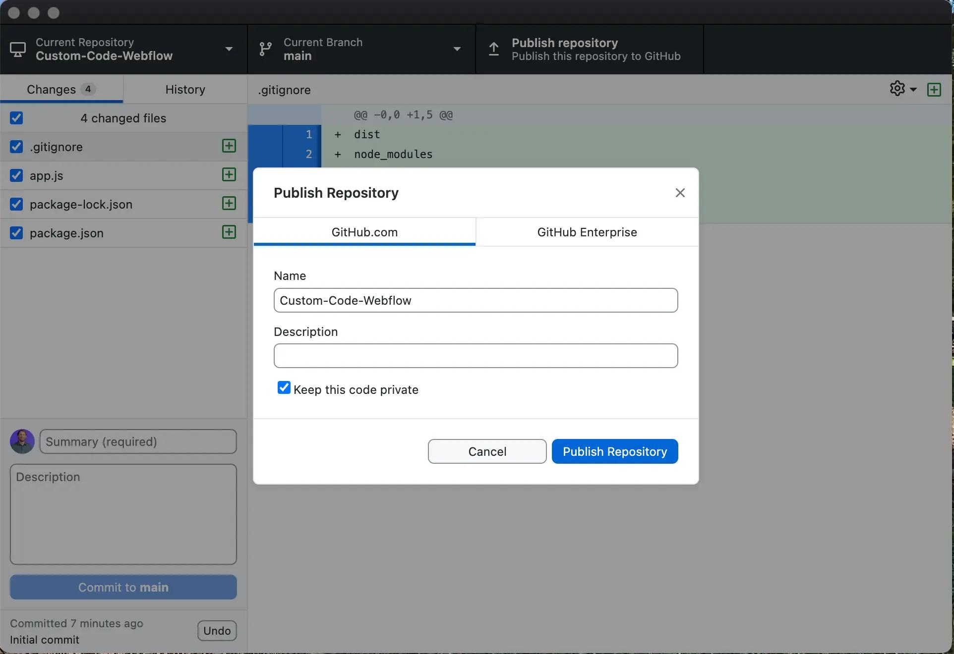 publish repository to github for custom code webflow project