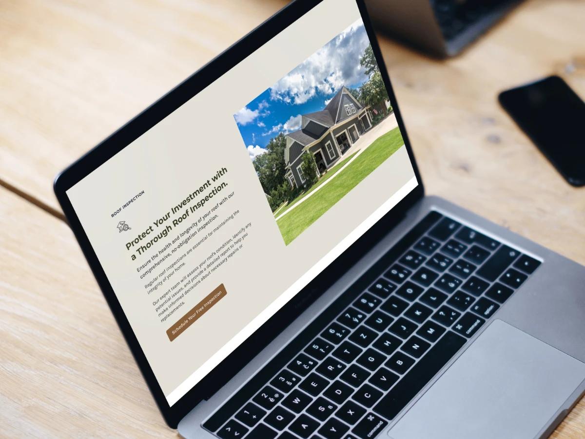 Laptop on a wooden desk showing the Lone Star Roofing roof inspection section with a photo of a gray two-story home