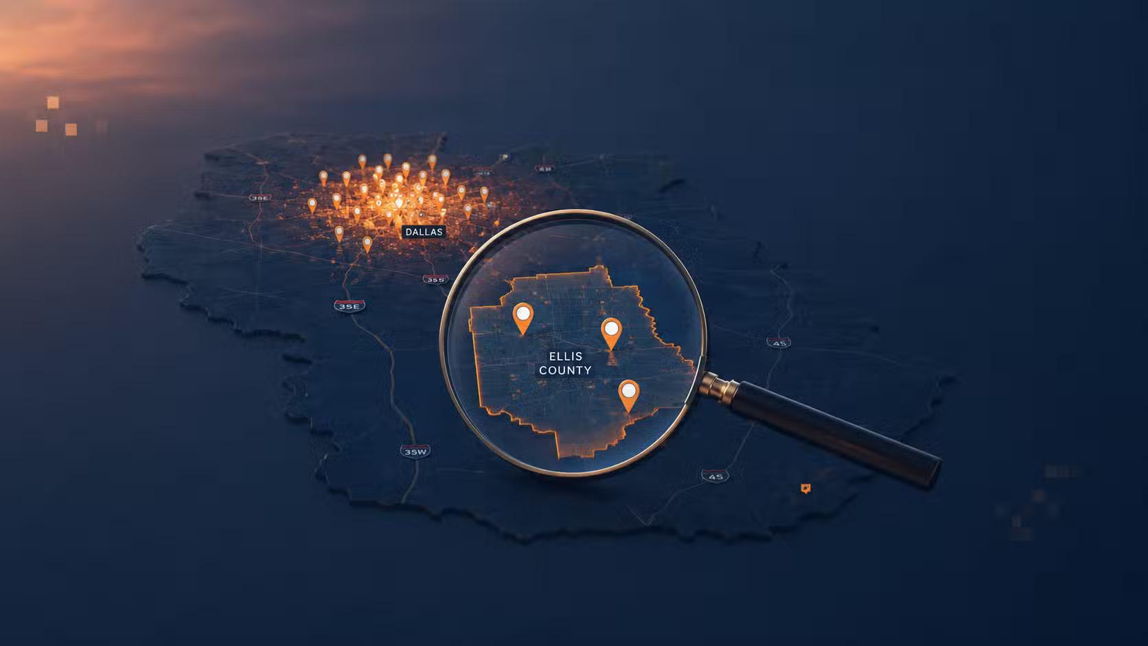 Map of the Dallas-Fort Worth metroplex with a magnifying glass focused on Ellis County local search results