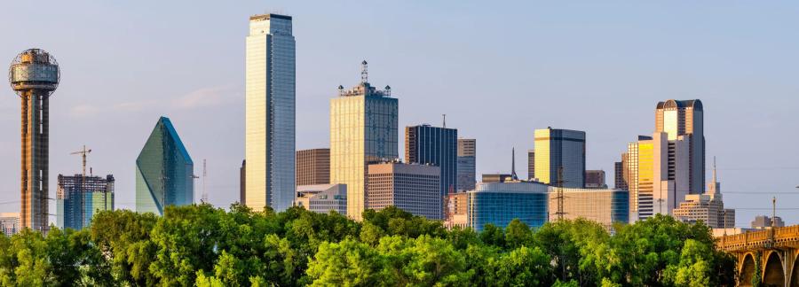 The Dallas skyline rising above a green treeline in daylight