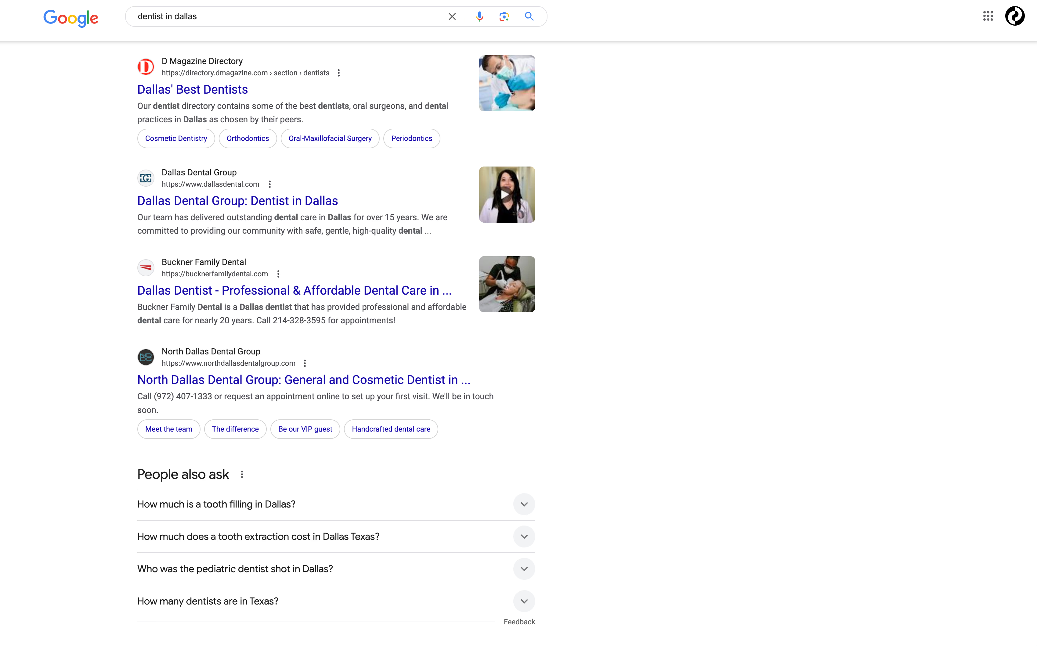 local search results for a dentist in dallas