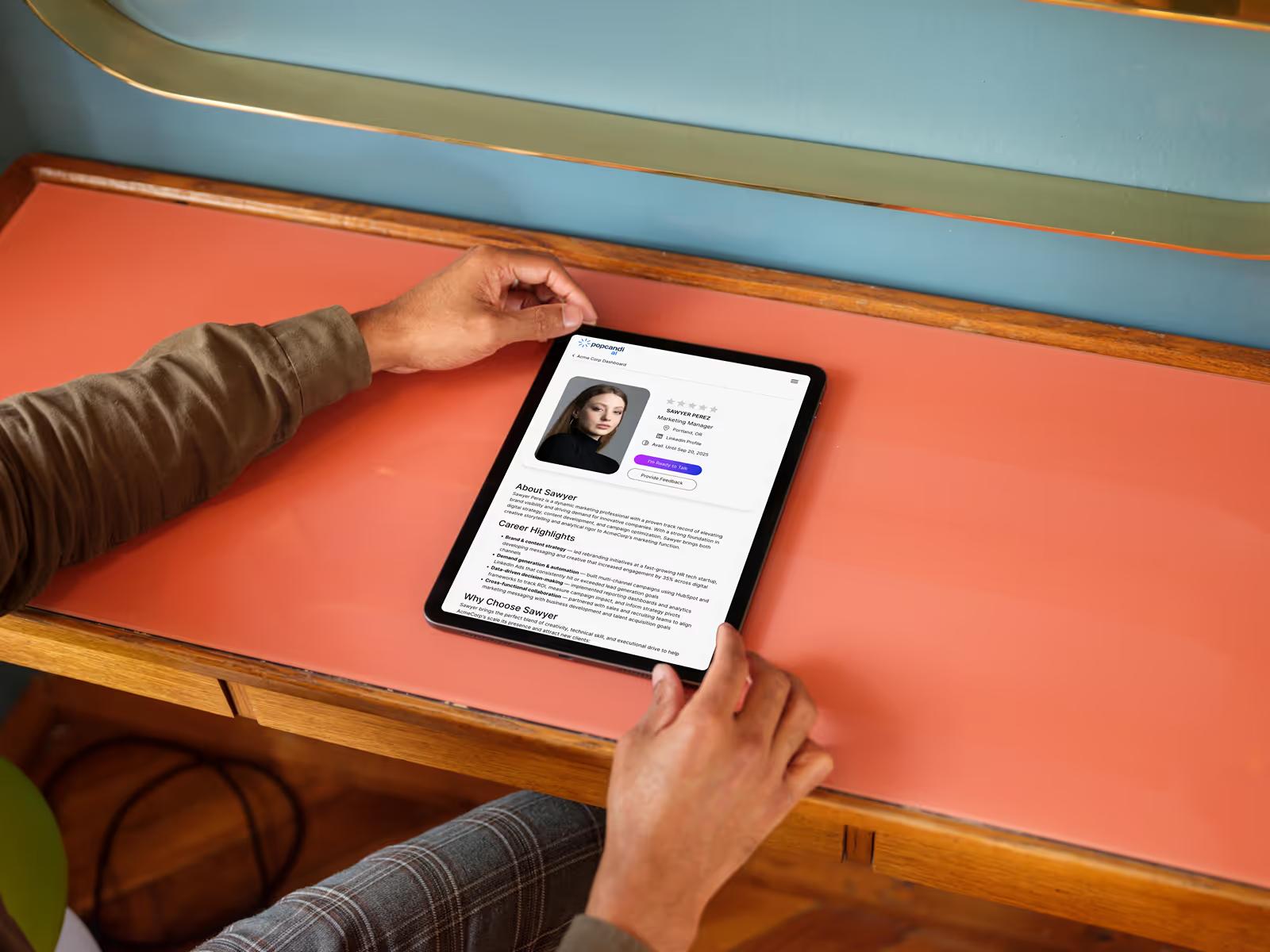 iPad on coral desk being browsed by hand, showing PopCandi AI candidate profile page for Sawyer with photo, About section, and Career Highlights