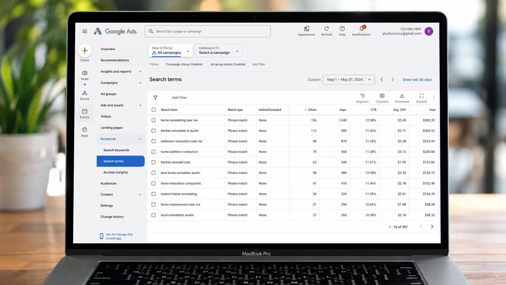 Google Ads search terms report showing local marketing queries that earned clicks