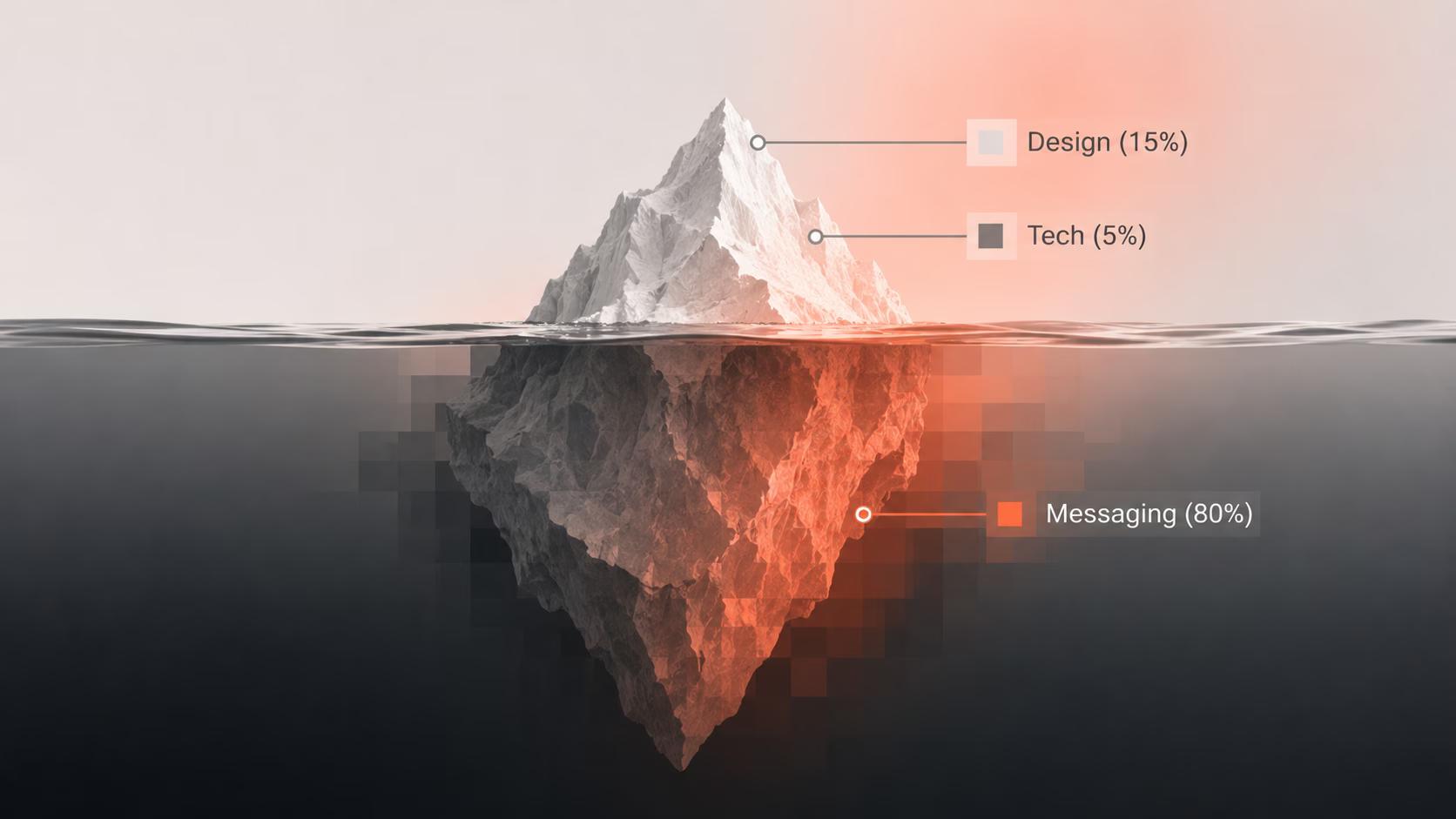 Iceberg diagram showing what really drives website leads: messaging makes up 80% of the impact below the waterline, while design (15%) and tech and page speed (5%) sit above it.