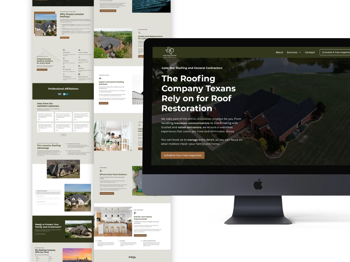 iMac showing the Lone Star Roofing homepage hero next to a full-page layout with services, testimonials, and the Lone Star Roofing Advantage sections