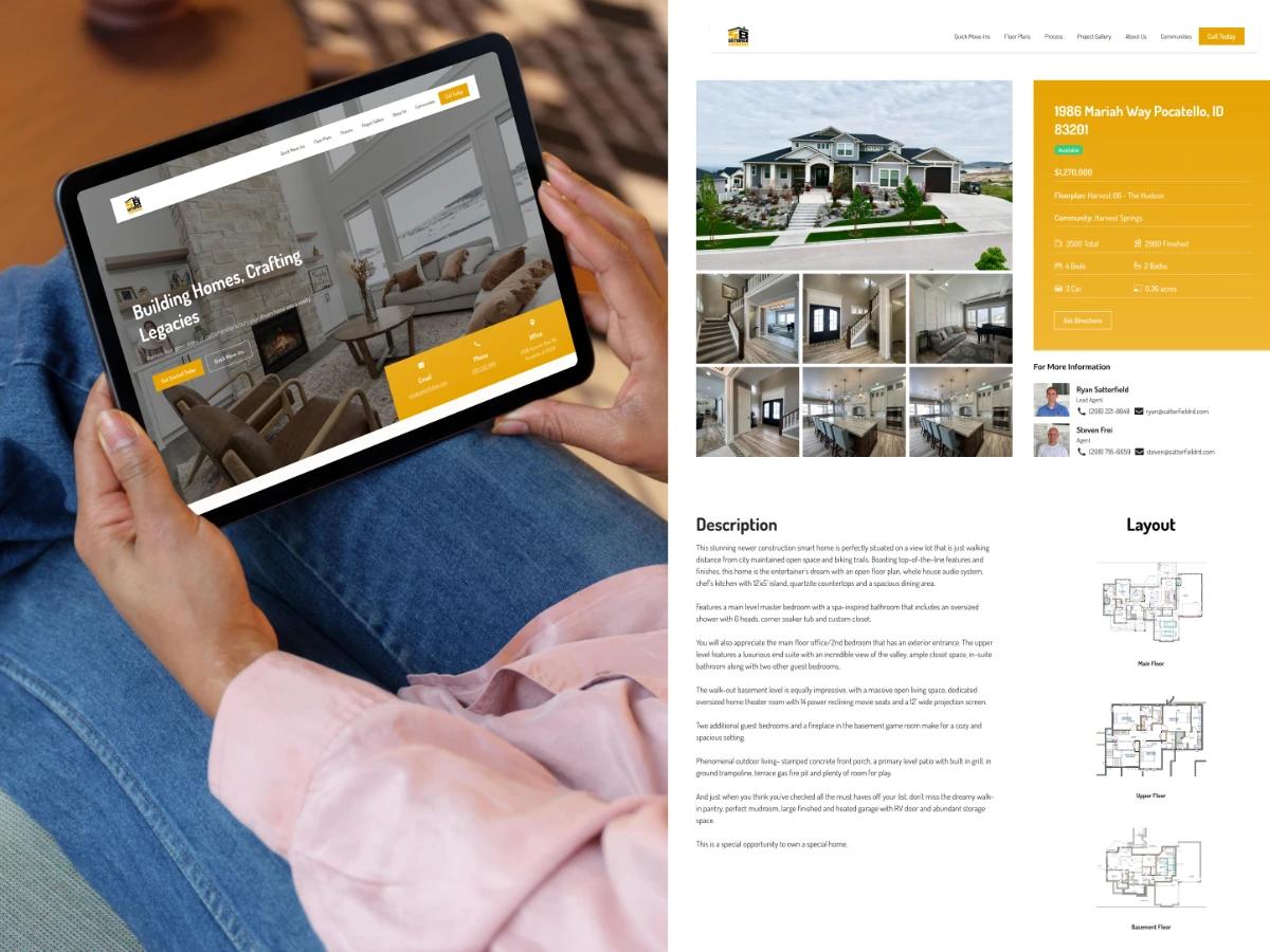 iPad showing Satterfield Builders homepage alongside property detail page with exterior and interior photos, yellow info card with address and pricing, description text, and floor plan layout drawings