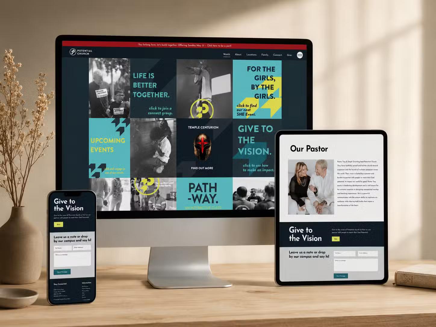 Potential Church website shown on desktop monitor, tablet, and phone on a wooden desk