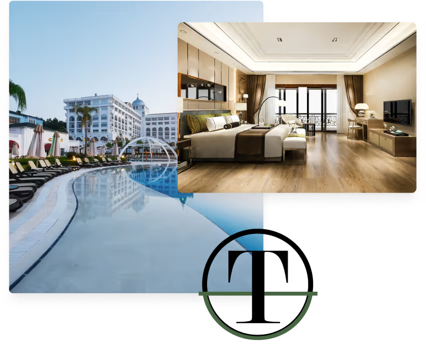Collage showing luxury resort with pool and upscale hotel room with premium window treatments alongside the Circle T Specialties logo mark on dark background