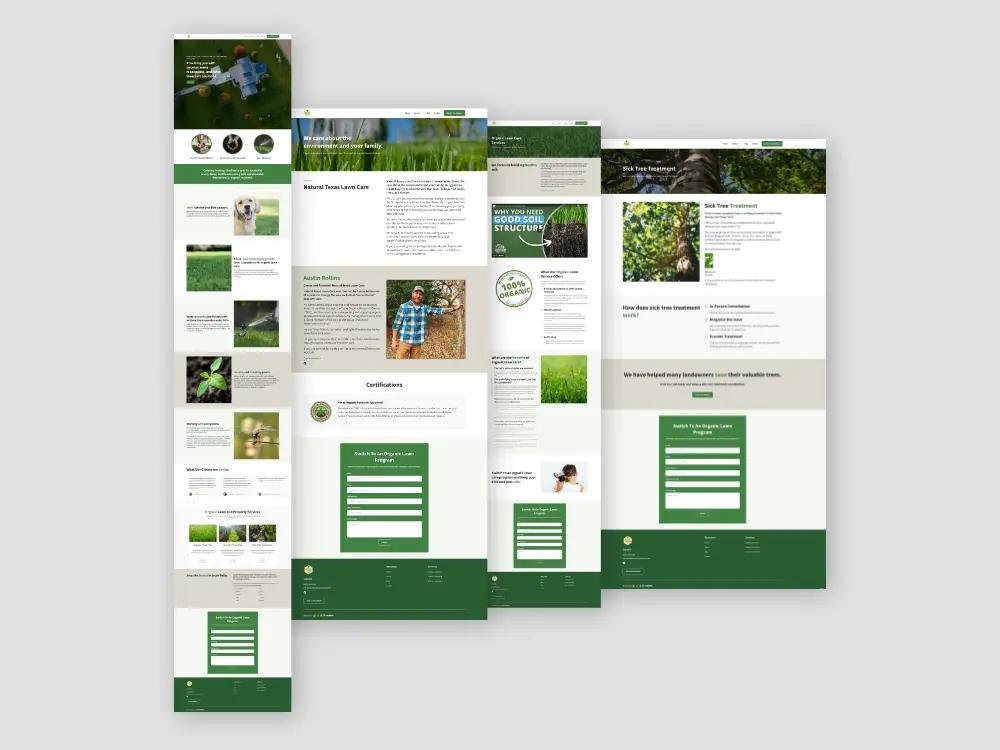Four full-page layouts from the Natural Texas Lawn Care website: the homepage, About page, Organic Lawn Care Services page, and Sick Tree Treatment page