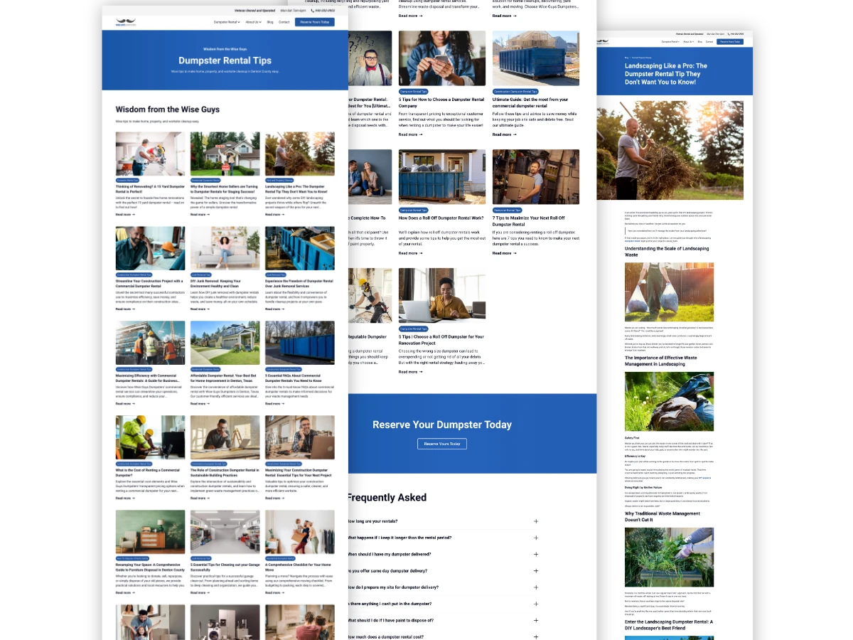 Wise Guys Dumpsters blog pages showing the Dumpster Rental Tips index, a grid of article cards, the FAQ section, and a landscaping dumpster rental article