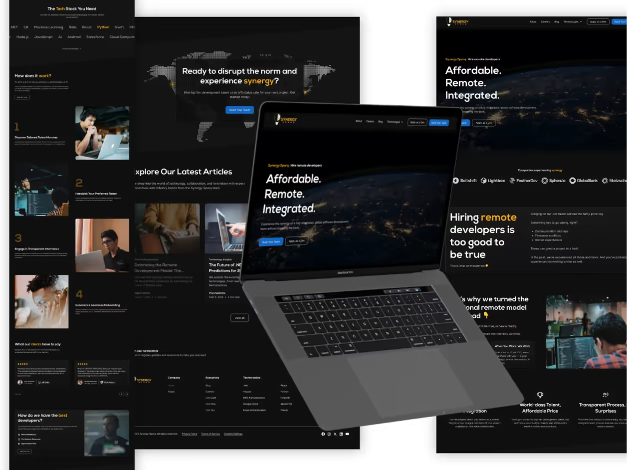 Synergy Sparq multi-page collage with tech stack page, blog articles, MacBook showing homepage, Hiring remote developers page, process steps, and client testimonials