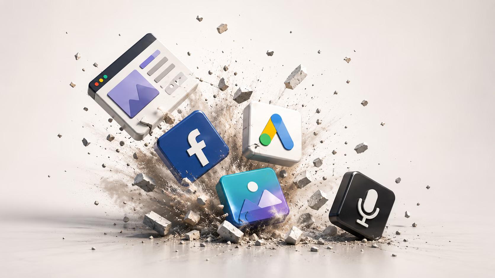 A precarious tower of mismatched marketing icons stacked on top of each other — a website mockup, a Facebook logo, a Google Ads icon, a Canva-style logo, an email envelope, a podcast mic — with the whole stack has fallen.