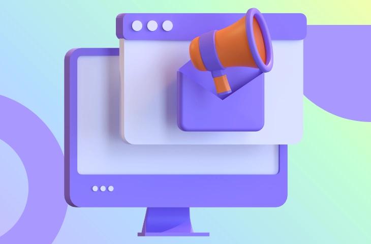 website graphic with page popping out of screen and bullhorn