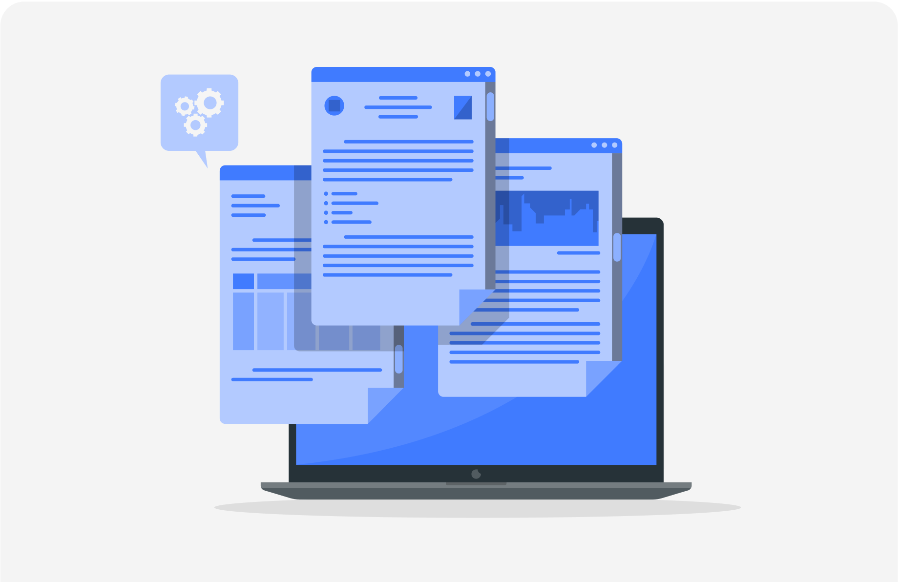 graphic of computer with documents coming out of the screen so clients can learn