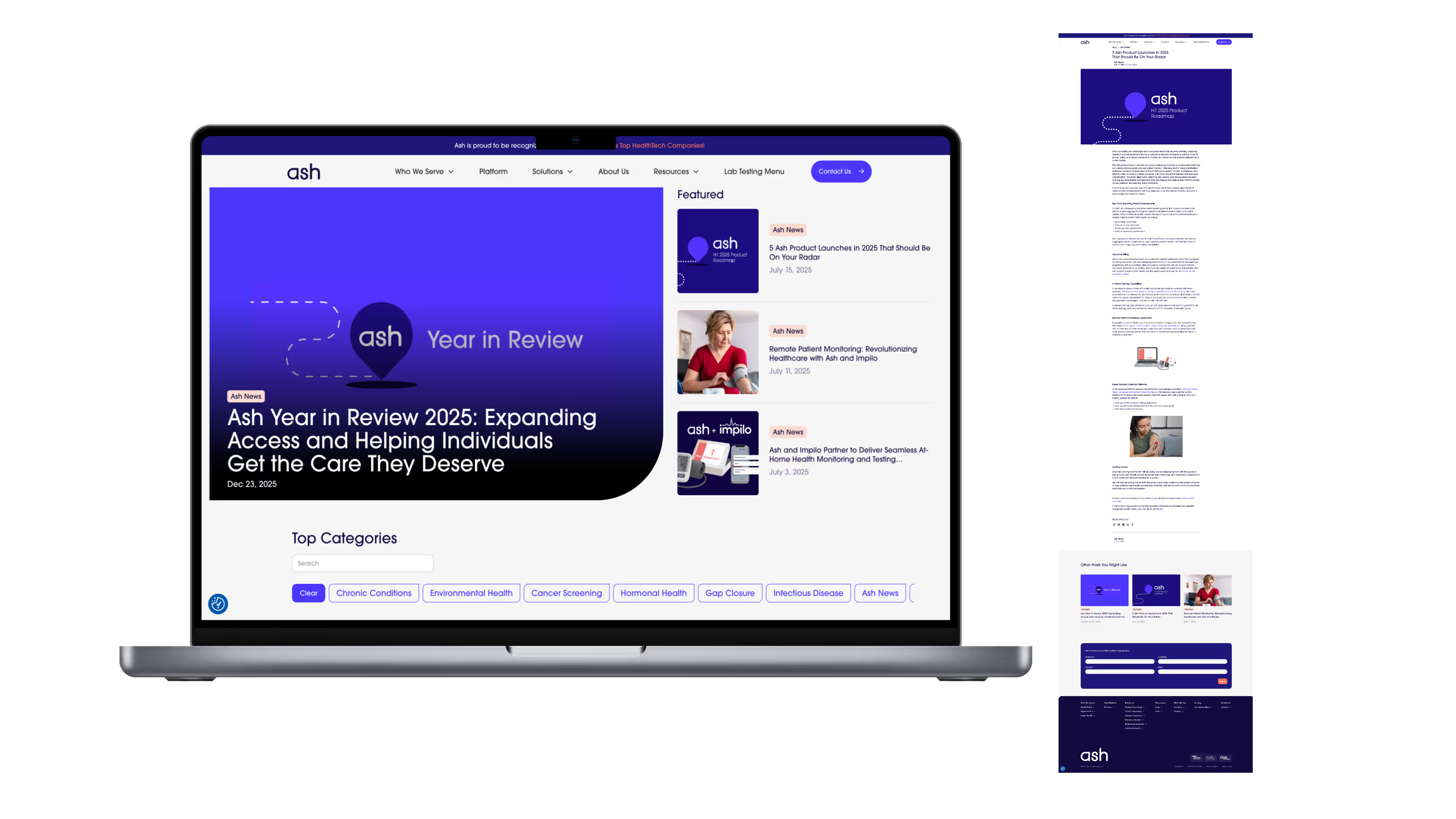 Ash Wellness blog and resources page on MacBook showing Year in Review 2025 featured article with category filters, alongside mobile view of a blog article on dark background