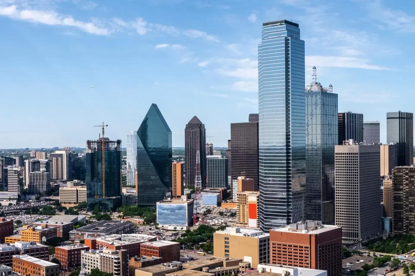 Downtown Dallas high-rises on a clear day, seen from above