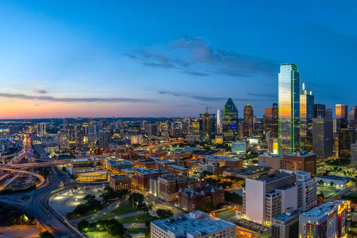 Aerial view across the Dallas-Fort Worth metroplex at blue hour