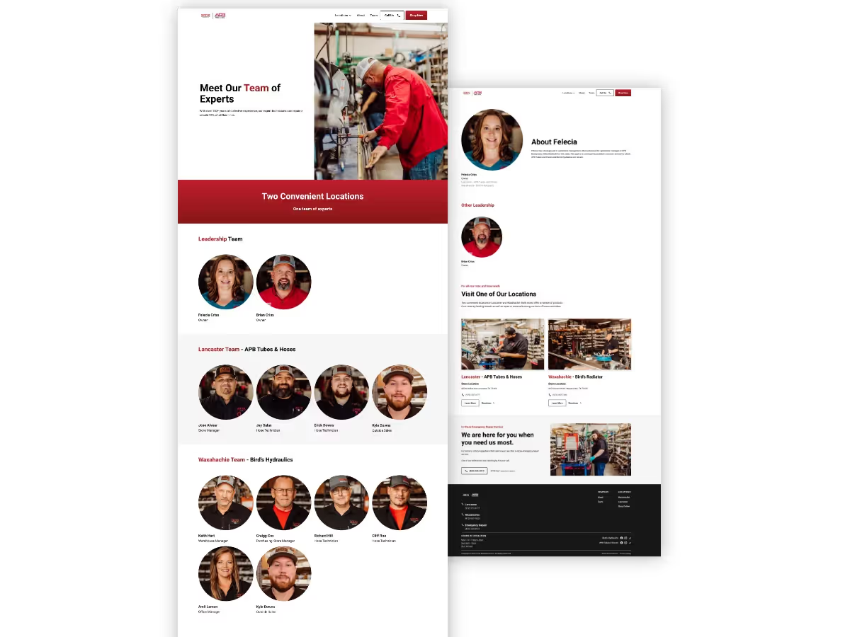 Fluid Line Solutions team page with leadership, the Lancaster APB Tubes and Hoses team, and the Waxahachie Bird's Hydraulics team, beside an About Felecia leadership page