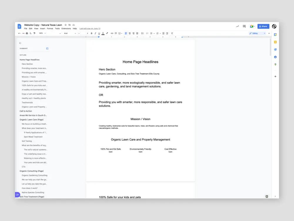 Google Doc of the Natural Texas Lawn Care website copy with homepage headlines, mission, and an outline of every page
