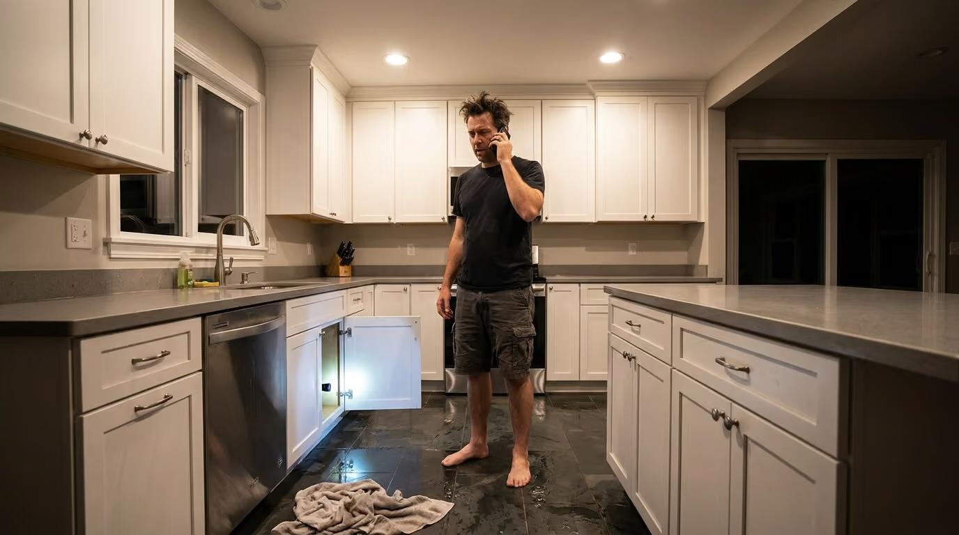 Homeowner on the phone at night standing in a flooded kitchen after a burst supply line under the sink.