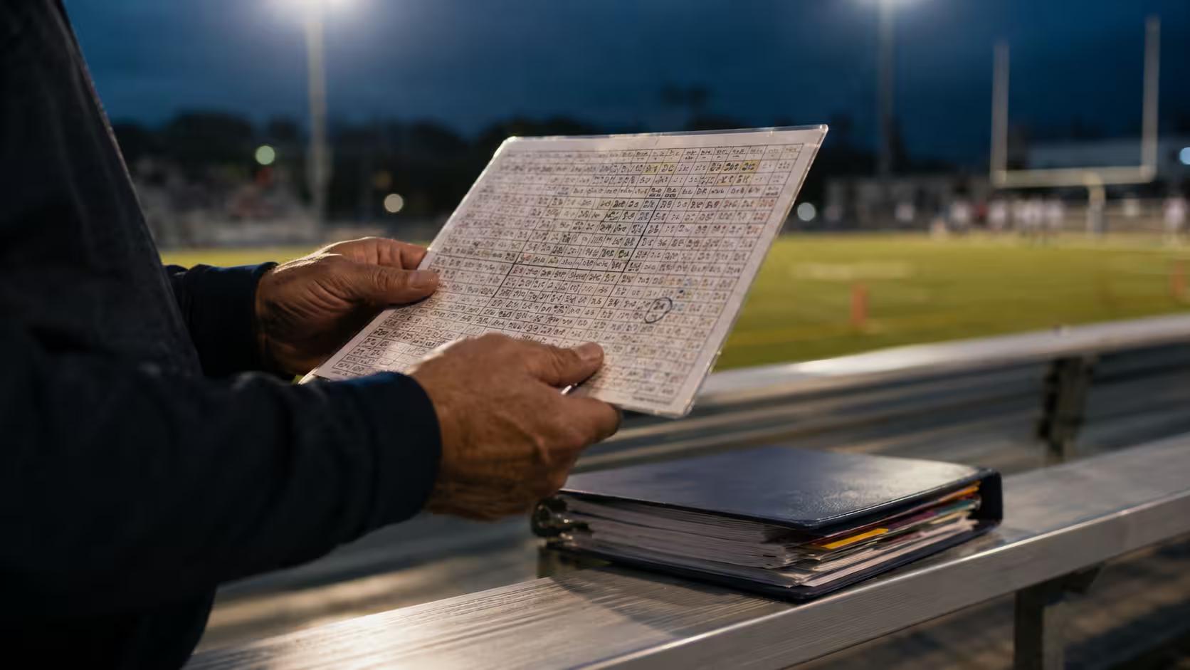 A football coach holding a laminated play call sheet on the sideline while a thick binder sits unopened on the bench.
