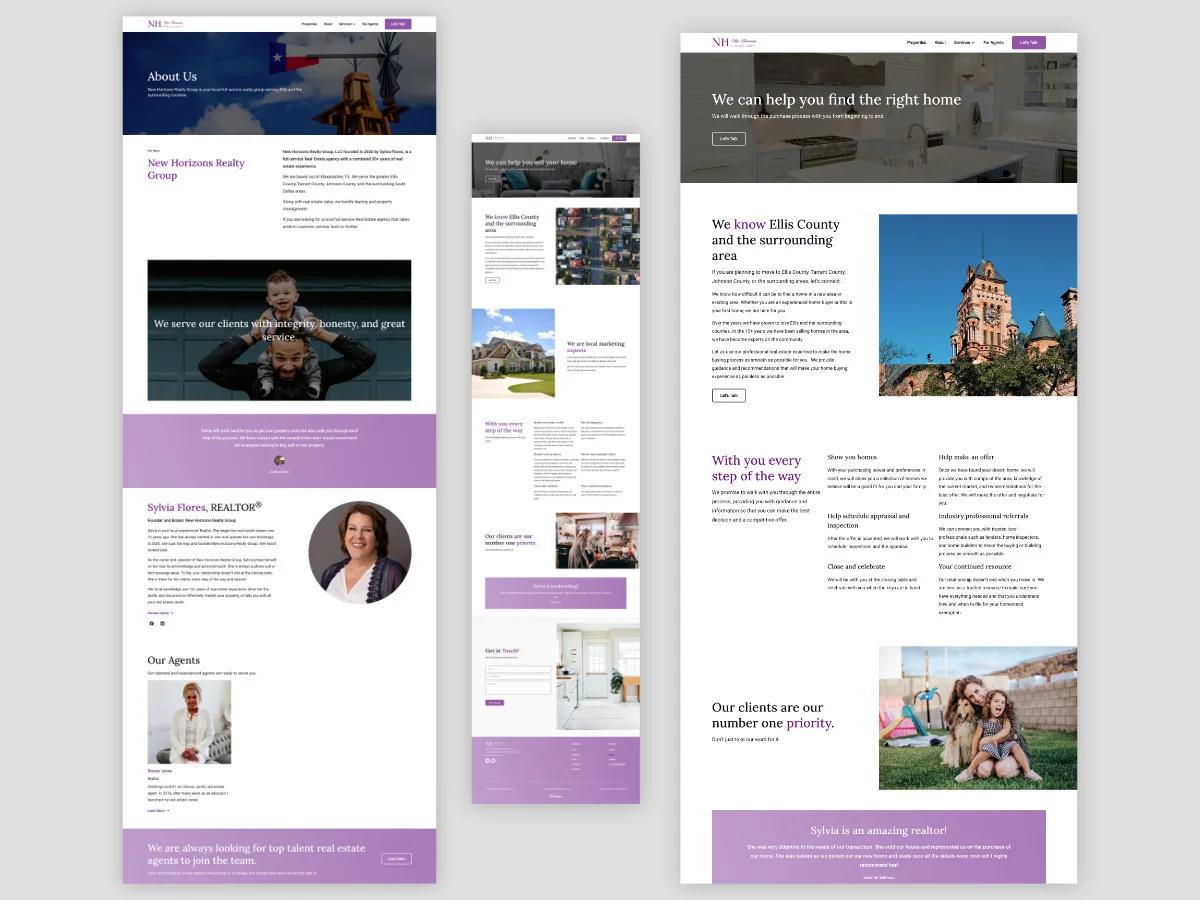 New Horizons Realty Group About page with founder Sylvia Flores and agents, beside the Home Seller and Home Buyer pages for Ellis County