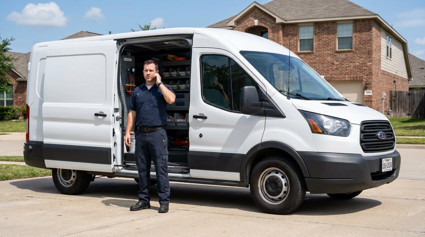 Plumber in navy workwear answering a customer call beside his open service van in a North Texas driveway.