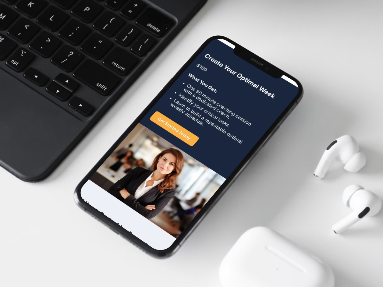 iPhone on desk next to keyboard and AirPods showing Connally Consulting Create Your Optimal Week coaching package at $150 with session details and Get Started Today button